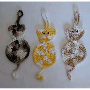 Handmade Crocheted Cats Brown s And Yellow - 6" - NEW - Set Of 3 - Cotton